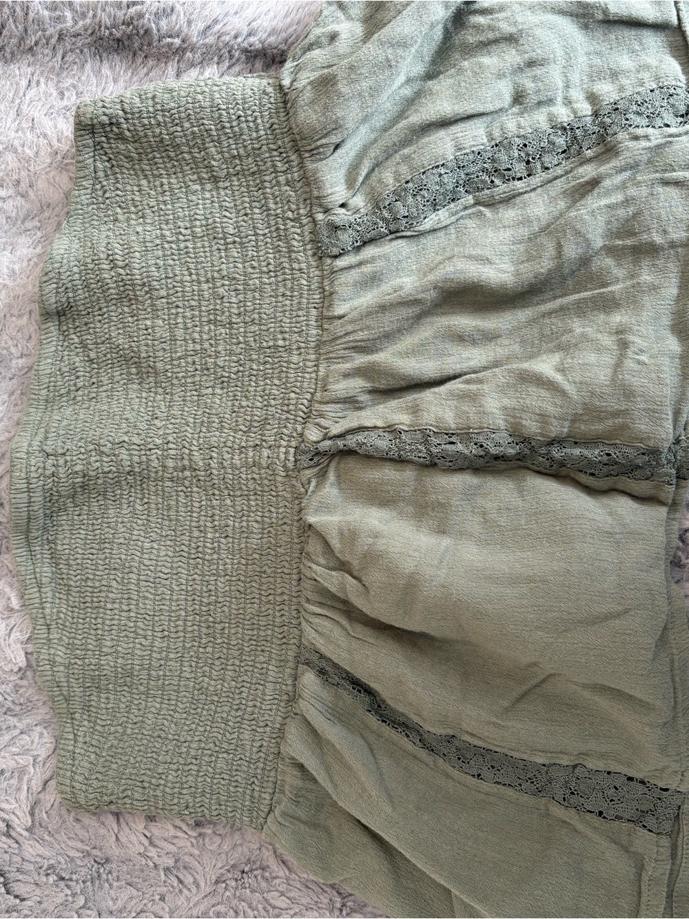 American Eagle Outfitters Olive Green Smocked Crop Top with Lace Insets